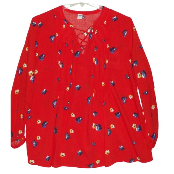Old Navy Blouse Womens Large Red Floral boho peasant top lace-up v-neck swing - Picture 1 of 15
